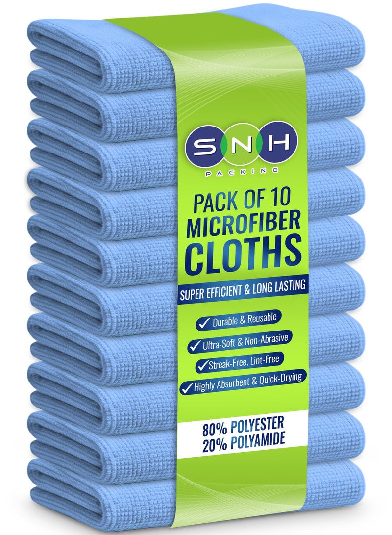 SNH Packing [Pack of 10] Microfiber Cleaning Cloths 40 x 40 cm - Blue - Super Absorbent, Lint-Free & Streak-Free Multipurpose Towels for Kitchen, Car, Bathroom & Glass - Image 1